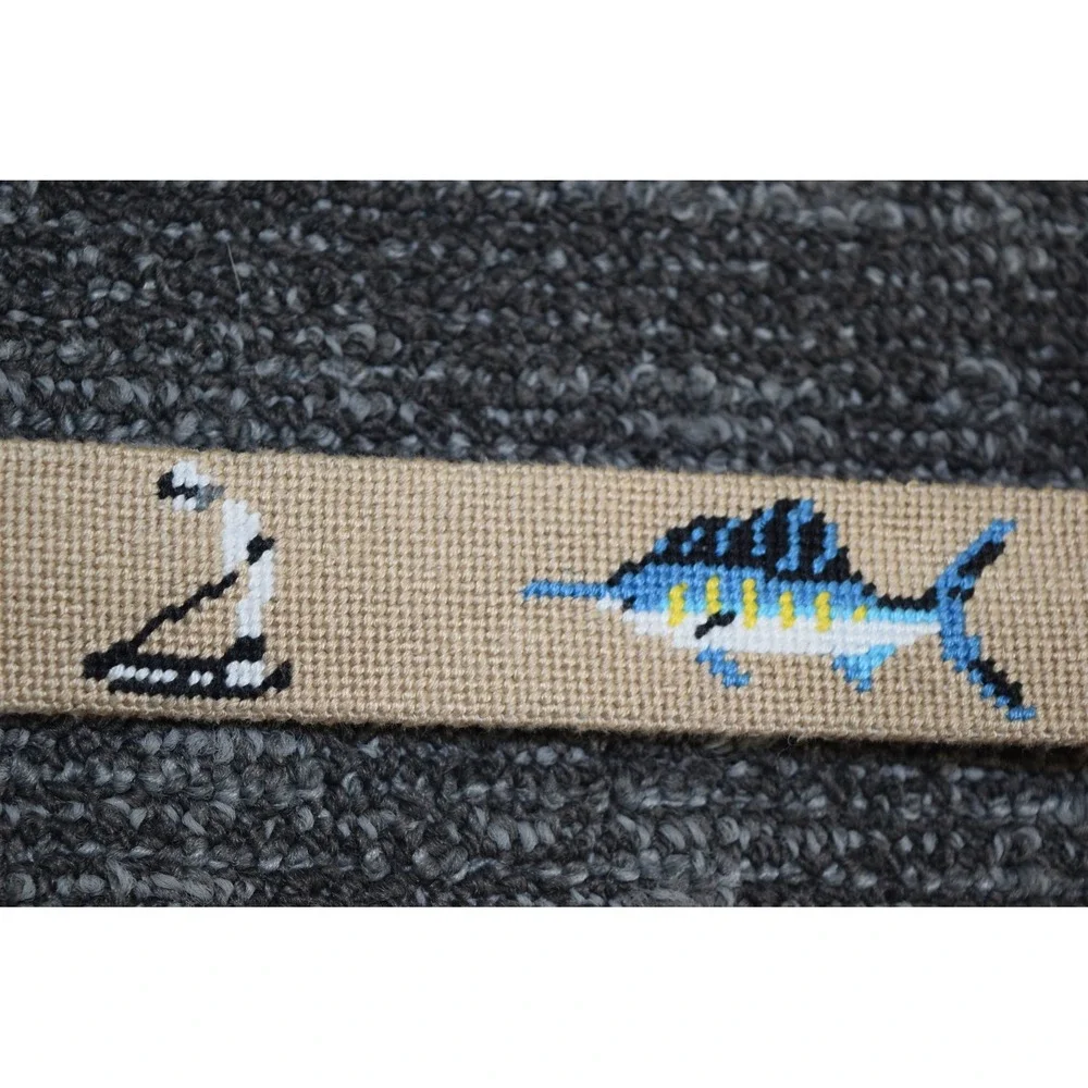 Brewster Belt Co CUSTOM Needlepoint HUDSON FAMILY Belt 40 North Carolina Fishing